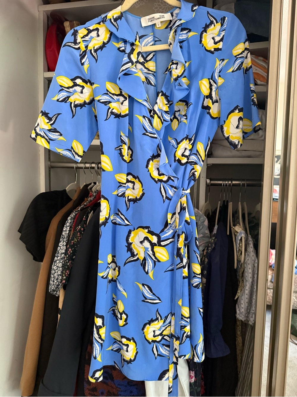 Diane Von Furstenberg Blue Floral Wrap Dress with Yellow Accents